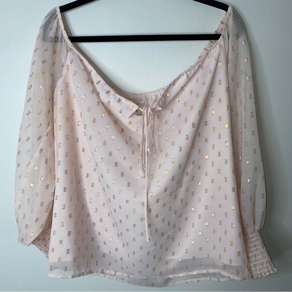 Nordstrom WAYF Pink Off-the-shoulder pink gold bow puff sleeve chiffon top Large - Picture 4 of 15